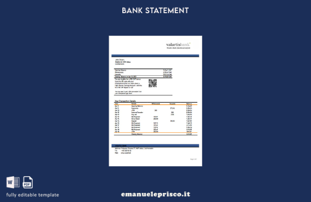 modello word di estratto conto bancario Liechtenstein Valartis in stile verifica